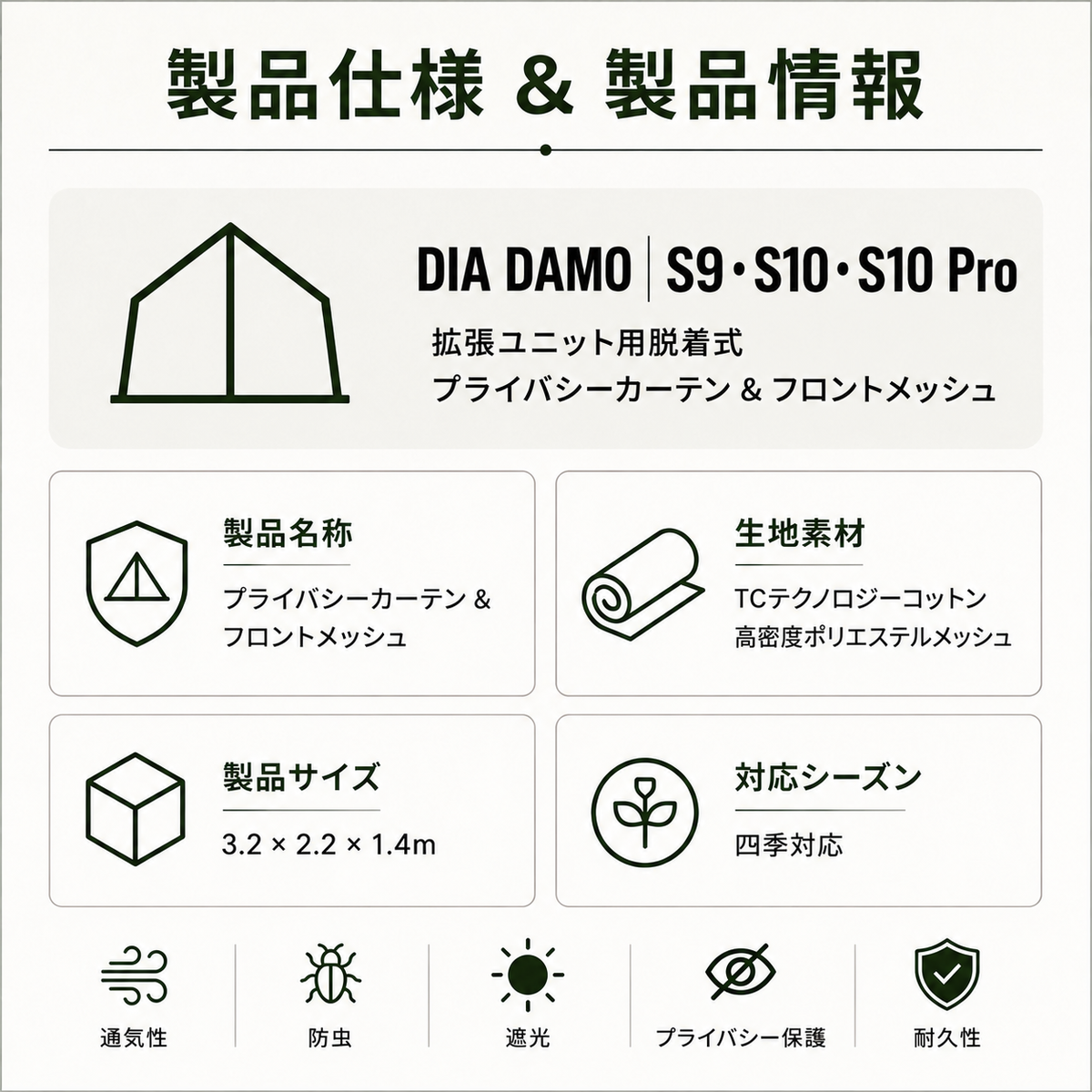 DIA DAMO｜S9・S10・S10 Pro 拡張ユニット用 着脱式フロントメッシュ＆プライバシーカーテン（一体型）
